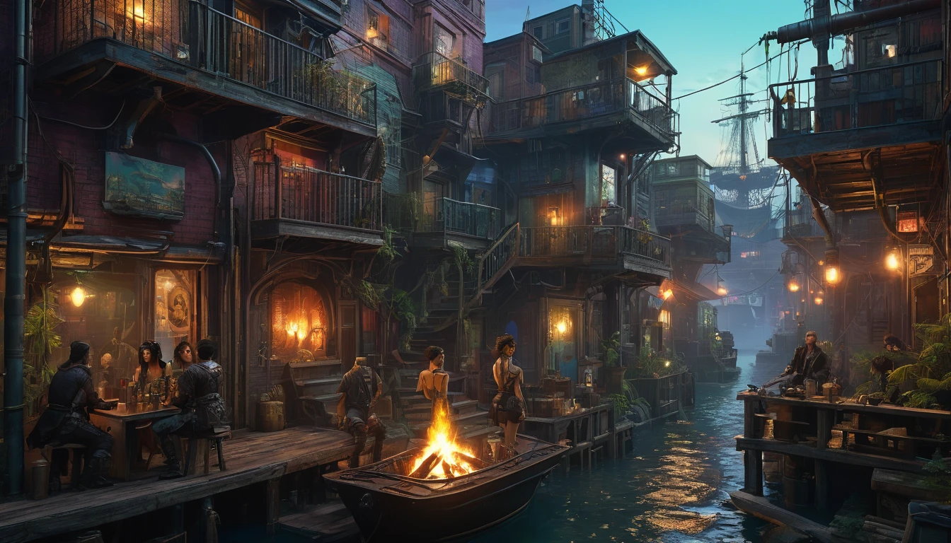 (best quality,4k,8k,highres,masterpiece:1.2),ultra-detailed,(realistic,photorealistic,photo-realistic:1.37) showing a Cyberpunk alley on a pirate island, (is dee Williams porn star with Riley Reed) in a gathering, watching a cat dance by a campfire, there are many drinks, in the style of William Adolphe Bouguereau