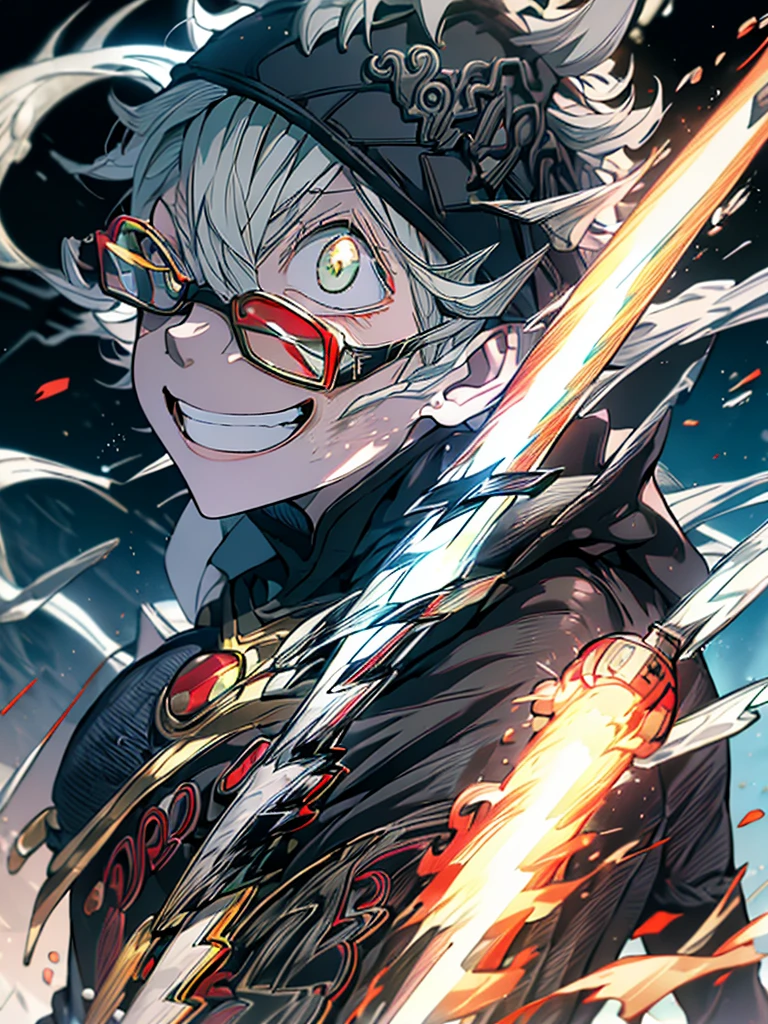 1boy, Asta, gray hair, green eyes, short hair, black hair band, black clothes, Smiling, Focus on the face, Upper body, (((black lightning, red lightning)))