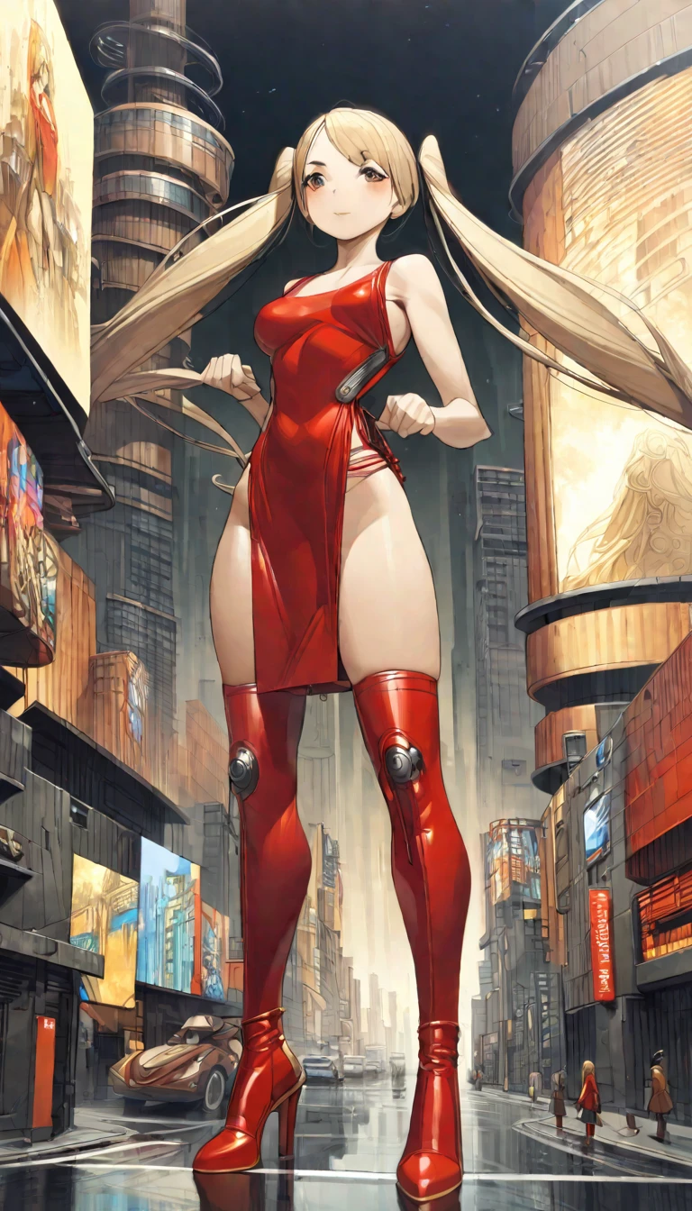 Future sexy asian blonde girl with twin-tails in a futuristic city.1.5, rusty metal city, lots of details, cars, buildings, billboards, nude and very tight tank top, red latex thigh high stocking extreme-highheel-wedge boots , standing pose (Dave Mckean inspired art, intricate details, oil painting)
