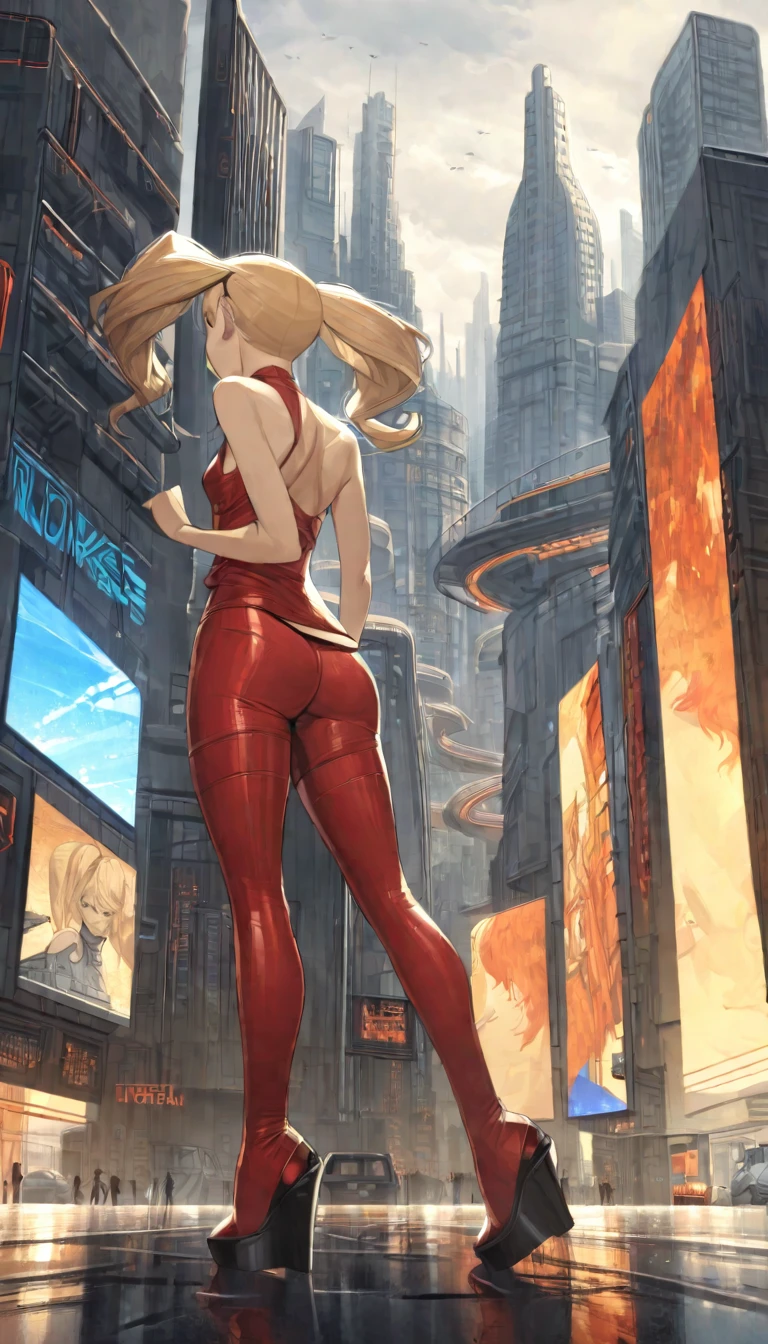 Future sexy asian blonde girl with twin-tails in a futuristic city.1.5, rusty metal city, lots of details, cars, buildings, billboards, nude and very tight tank top, red latex thigh high stocking extreme-highheel-wedge boots , standing pose (Dave Mckean inspired art, intricate details, oil painting)
