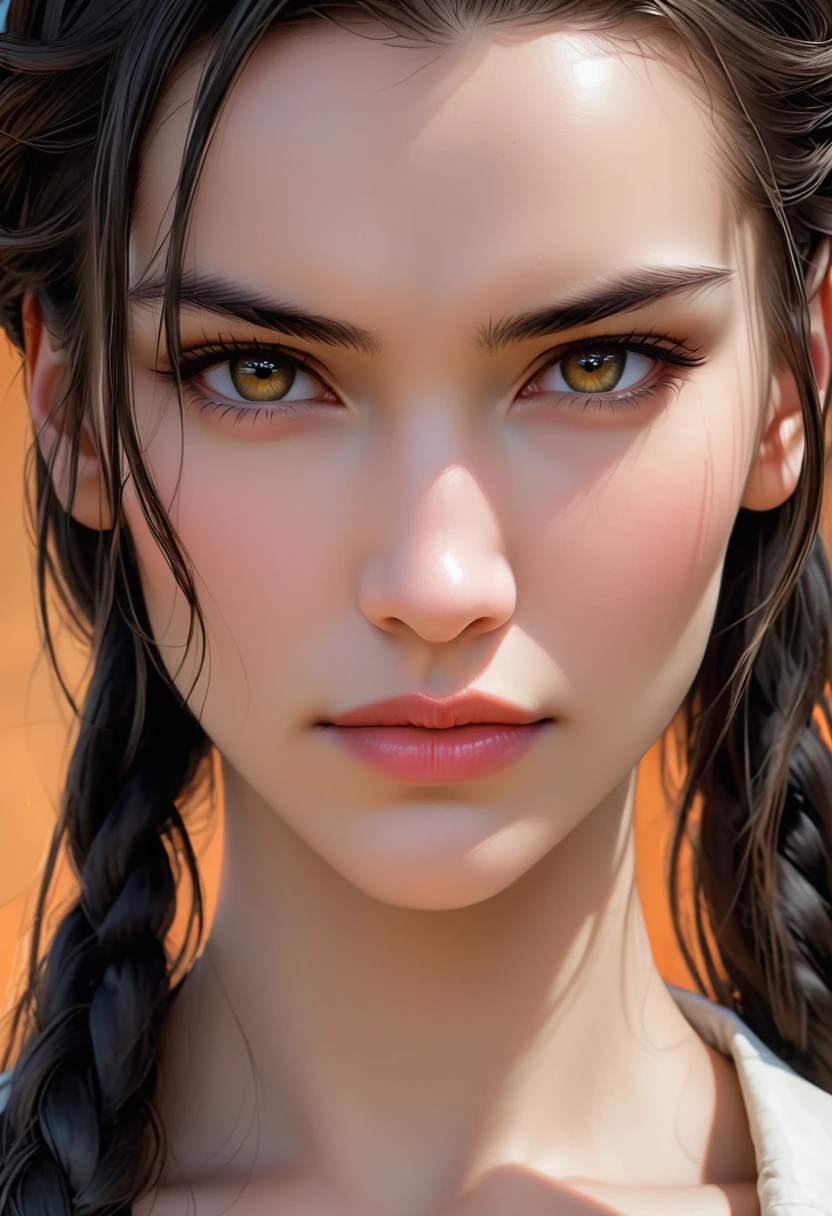 (((( FemTerminatorCos )))) A beautiful young woman with narrowed eyes, a smirk on her face, and long black braided hair, 1girl, detailed facial features, beautiful detailed eyes, beautiful detailed lips, extremely detailed face, long eyelashes, dark braided hair, serious expression, photo-realistic, cinematic lighting, highly detailed, 8k, masterpiece, hyper-realistic, photorealistic, intricate details, dramatic lighting, warm color tones
