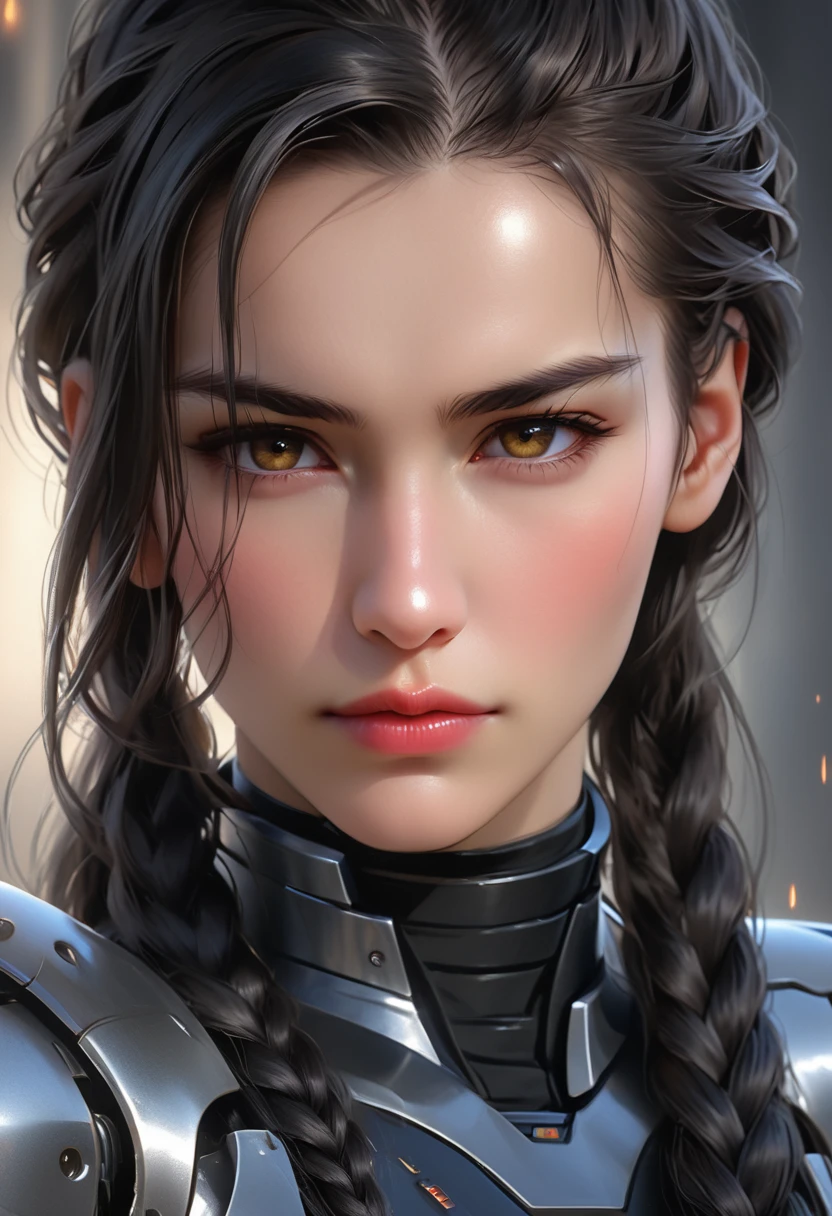 (((( FemTerminatorCos )))) A beautiful young woman with narrowed eyes, a smirk on her face, and long black braided hair, 1girl, detailed facial features, beautiful detailed eyes, beautiful detailed lips, extremely detailed face, long eyelashes, dark braided hair, serious expression, photo-realistic, cinematic lighting, highly detailed, 8k, masterpiece, hyper-realistic, photorealistic, intricate details, dramatic lighting, warm color tones
