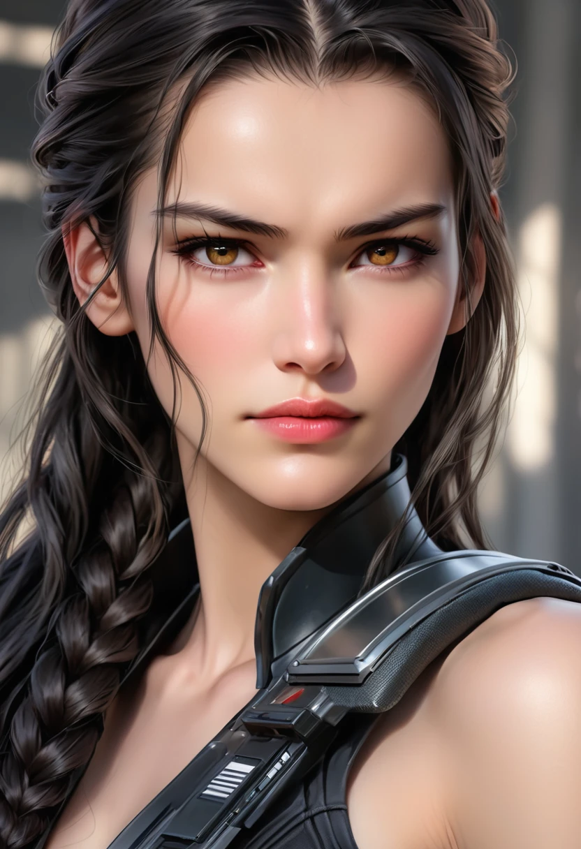 (((( FemTerminatorCos )))) A beautiful young woman with narrowed eyes, a smirk on her face, and long black braided hair, 1girl, detailed facial features, beautiful detailed eyes, beautiful detailed lips, extremely detailed face, long eyelashes, dark braided hair, serious expression, photo-realistic, cinematic lighting, highly detailed, 8k, masterpiece, hyper-realistic, photorealistic, intricate details, dramatic lighting, warm color tones
