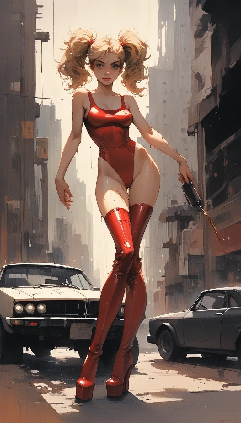 Future sexy asian blonde girl with twin-tails in a futuristic city.1.5, rusty metal city, lots of details, cars, buildings, billboards, nude and very tight tank top, red latex thigh high stocking extreme-highheel-wedge boots , standing pose (Dave Mckean inspired art, intricate details, oil painting)
