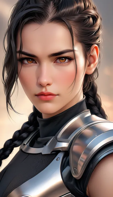 (((( femterminatorcos )))) a beautiful young woman with narrowed eyes, a smirk on her face, and long black braided hair, 1girl, ...