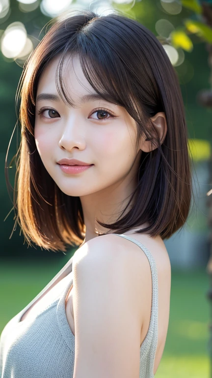 (((Close-up of face)))、(((Absolutely shoulder-length brown straight short bob)))、(((She is posing like a hair salon model with a park with a blue sky in the background.)))、(((She is wearing casual clothes suitable for early summer.。The shoulders are hidden)))、(Natural laughter:1.25)、Half Japanese, half Korean、18 year old girl、Standing Alone、Looking forward、Light eye makeup、Brown Hair Color、Flat and 、Hair blowing in the wind、Actress Quality、Glossy, ultra-realistic face、Smiling face、Watery eyes、Gazing Up、Subtle lighting effects、 Ultra-Realistic Capture、Very detailed、High resolution 16K close up of human skin。Skin texture must be natural、The details must be such that pores can be clearly seen、The skin is healthy、Uniform tone、Use natural light and colors、A worn-out, high-quality photo taken by a model agency&#39;s in-house photographer.、smile、(((SIGMA 300 mm F/1.4,1/1000 sec shutter,ISO 400)))、The background is F-stop 1..4 is blurred