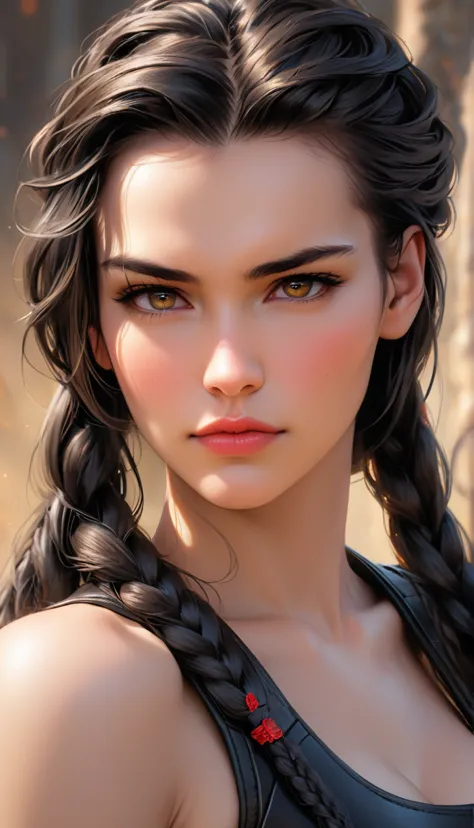 (((( femterminatorcos )))) a beautiful young woman with narrowed eyes, a smirk on her face, and long black braided hair, 1girl, ...