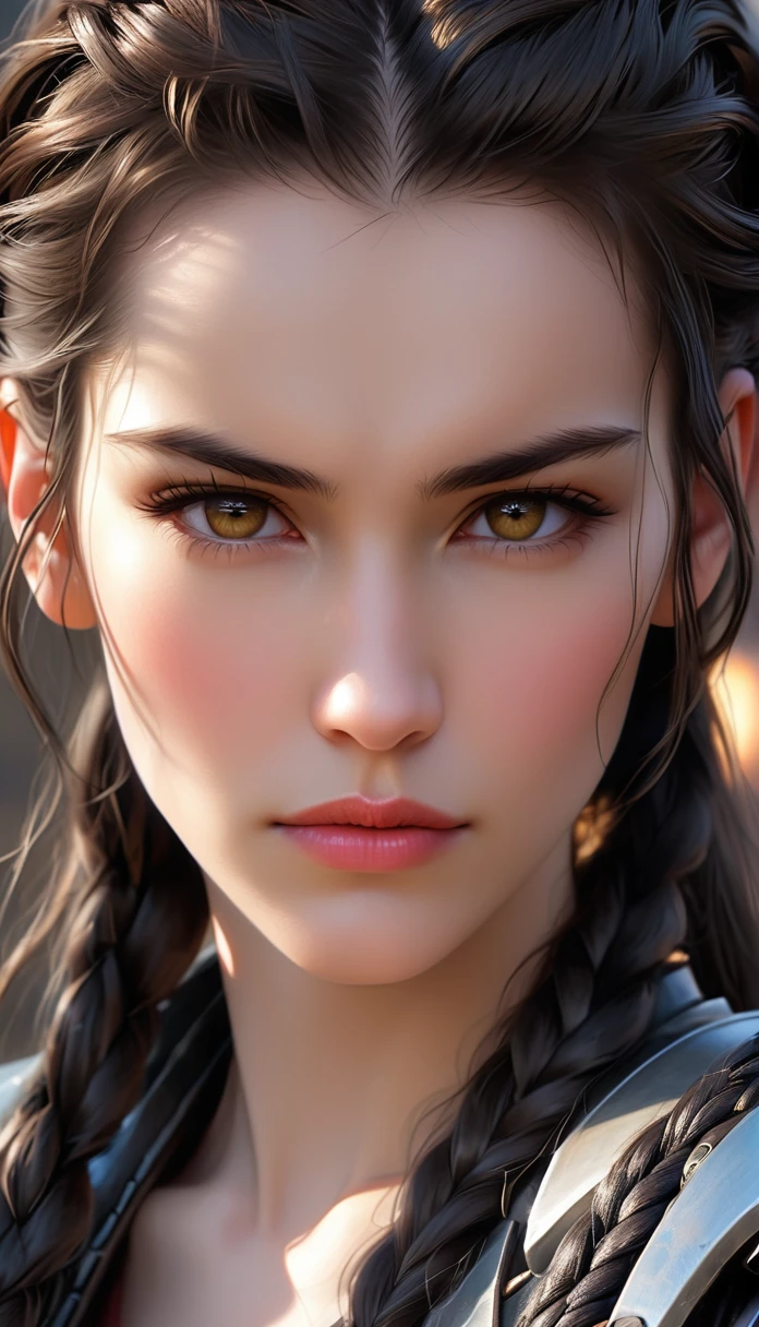 (((( FemTerminatorCos )))) A beautiful young woman with narrowed eyes, a smirk on her face, and long black braided hair, 1girl, detailed facial features, beautiful detailed eyes, beautiful detailed lips, extremely detailed face, long eyelashes, dark braided hair, serious expression, photo-realistic, cinematic lighting, highly detailed, 8k, masterpiece, hyper-realistic, photorealistic, intricate details, dramatic lighting, warm color tones
