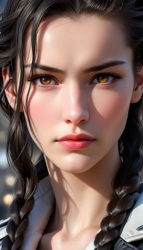 (((( femterminatorcos )))) a beautiful young woman with narrowed eyes, a smirk on her face, and long black braided hair, 1girl, ...