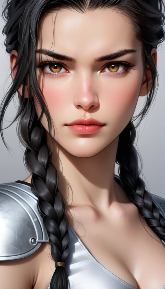 (((( FemTerminatorCos )))) A beautiful young woman with narrowed eyes, a smirk on her face, and long black braided hair, 1girl, detailed facial features, beautiful detailed eyes, beautiful detailed lips, extremely detailed face, long eyelashes, dark braided hair, serious expression, photo-realistic, cinematic lighting, highly detailed, 8k, masterpiece, hyper-realistic, photorealistic, intricate details, dramatic lighting, warm color tones
