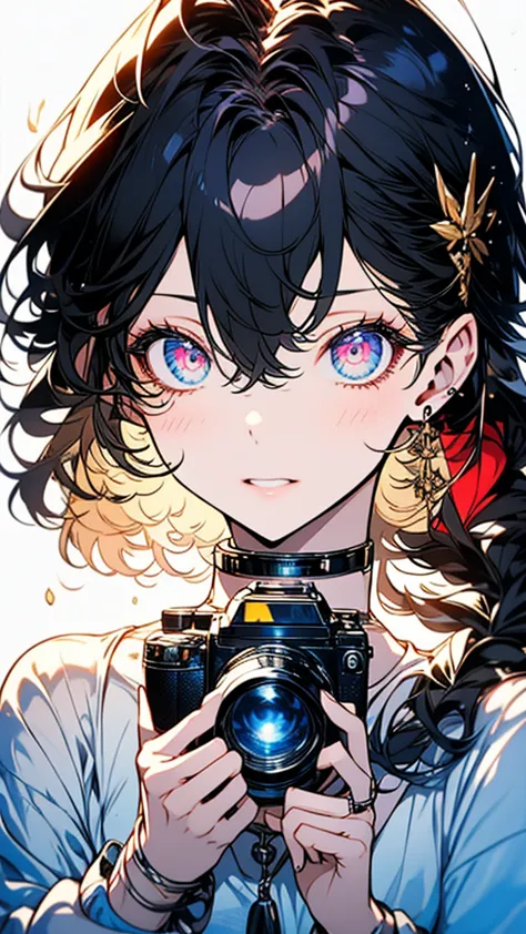 close-up of a woman holding a camera。in the eyes of a woman、a beautiful view is reflected。the camera has『niwon』the brand name is...