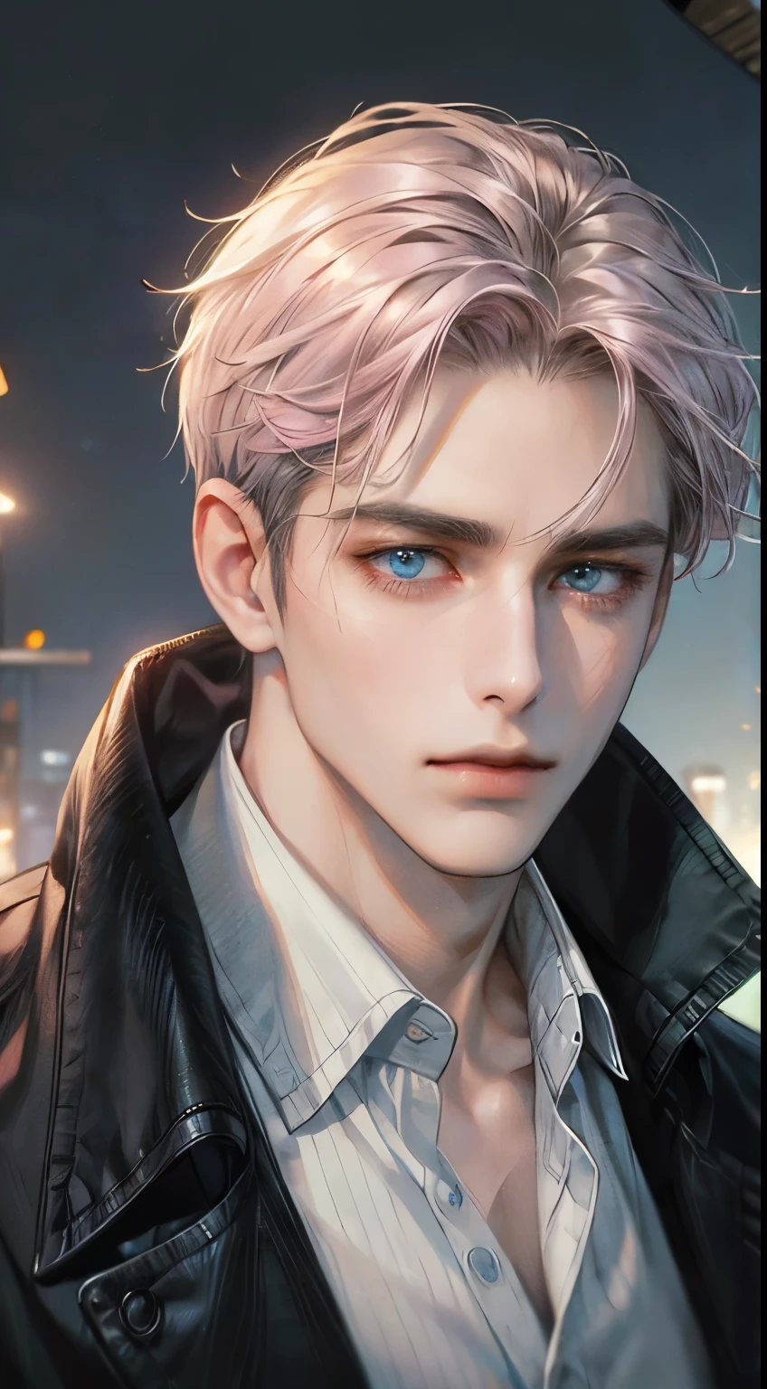 (best quality,4k,8k,highres,masterpiece:1.2),ultra-detailed,(realistic,photorealistic,photo-realistic:1.37),cinematic lighting,1:4 hdr image,a mature man, 32 years old,very handsome,cold expression,short grey pink hair,blue eyes,flawless face,buttoning his jacket,CEO