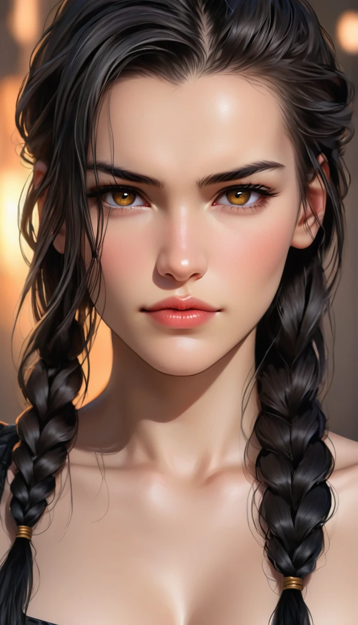 (((( FemTerminatorCos )))) A beautiful young woman with narrowed eyes, a smirk on her face, and long black braided hair, 1girl, detailed facial features, beautiful detailed eyes, beautiful detailed lips, extremely detailed face, long eyelashes, dark braided hair, serious expression, photo-realistic, cinematic lighting, highly detailed, 8k, masterpiece, hyper-realistic, photorealistic, intricate details, dramatic lighting, warm color tones
