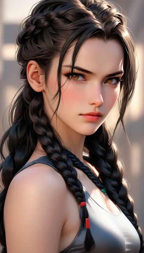 (((( femterminatorcos )))) a beautiful young woman with narrowed eyes, a smirk on her face, and long black braided hair, 1girl, ...