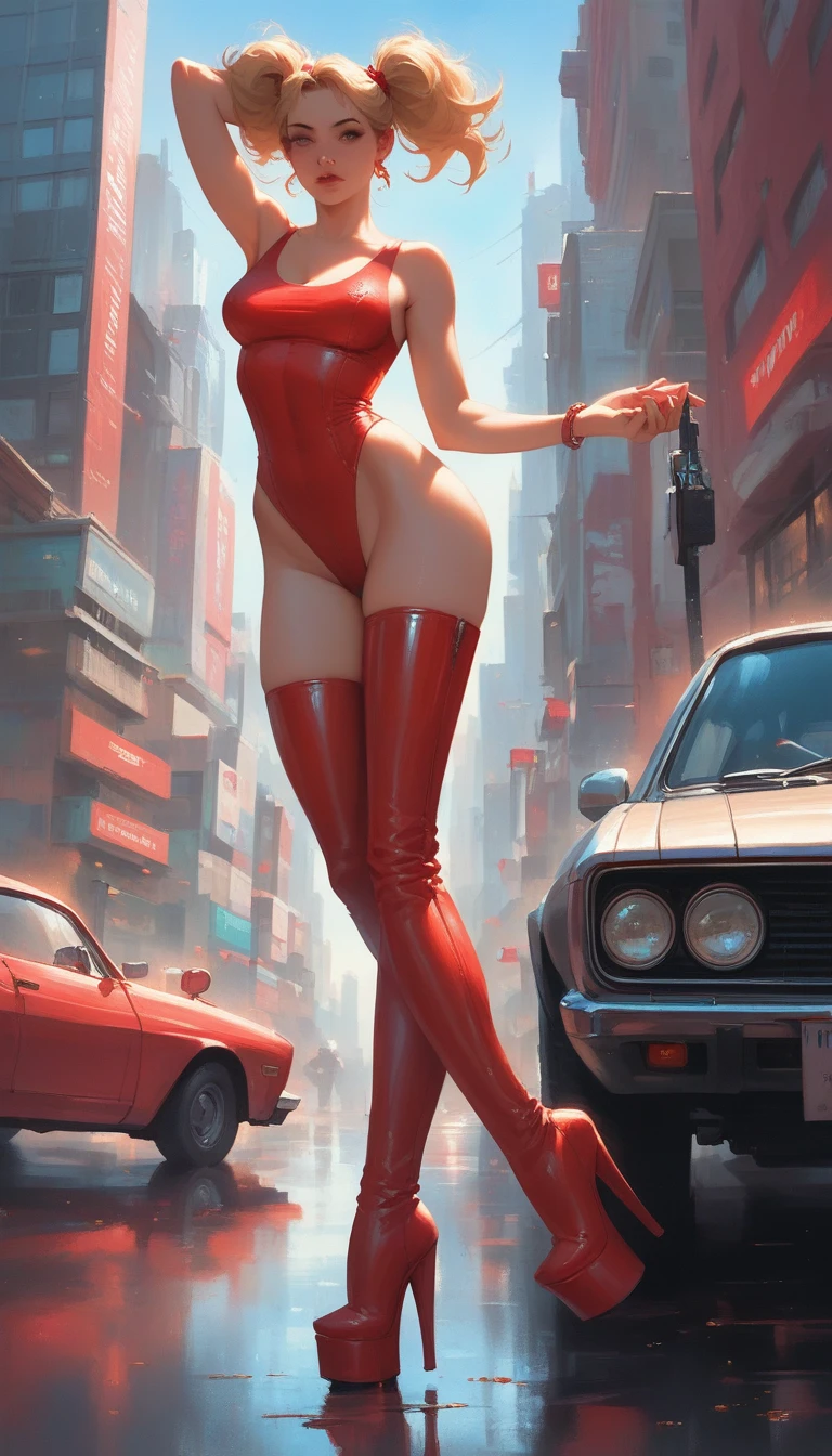 Future sexy asian blonde girl with twin-tails in a futuristic city.1.5, rusty metal city, lots of details, cars, buildings, billboards, nude and very tight tank top, red latex thigh high stocking extreme-highheel-wedge boots , standing pose (Dave Mckean inspired art, intricate details, oil painting)
