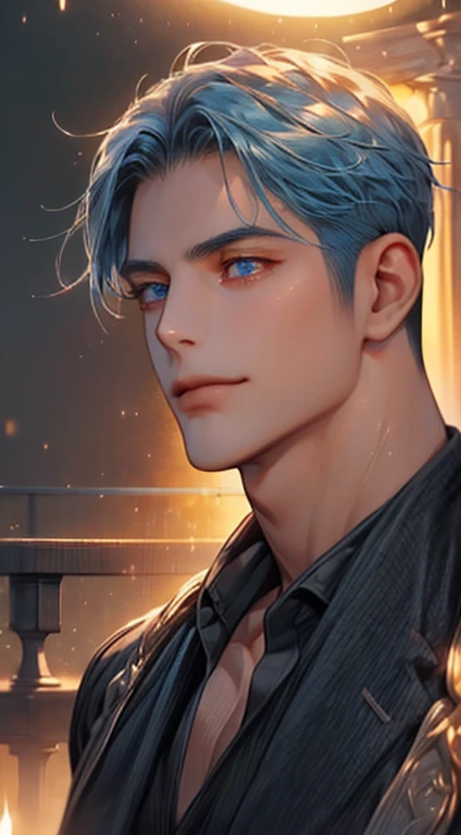 (best quality,4k,8k,highres,masterpiece:1.2),ultra-detailed,(realistic,photorealistic,photo-realistic:1.37),1 man,31 years old,mature man,very handsome,without expression,smile,short blue hair,blue eyes,penetrating gaze,perfect face without errors,imposing posture,businessman,office background,cinematic lighting,hdr image