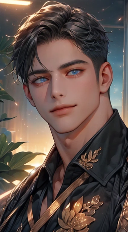 (best quality,4k,8k,highres,masterpiece:1.2),ultra-detailed,(realistic,photorealistic,photo-realistic:1.37),1 man,31 years old,mature man,very handsome,without expression,smile,short grey black hair,blue eyes,penetrating gaze,perfect face without errors,imposing posture,businessman,office background,cinematic lighting,hdr image