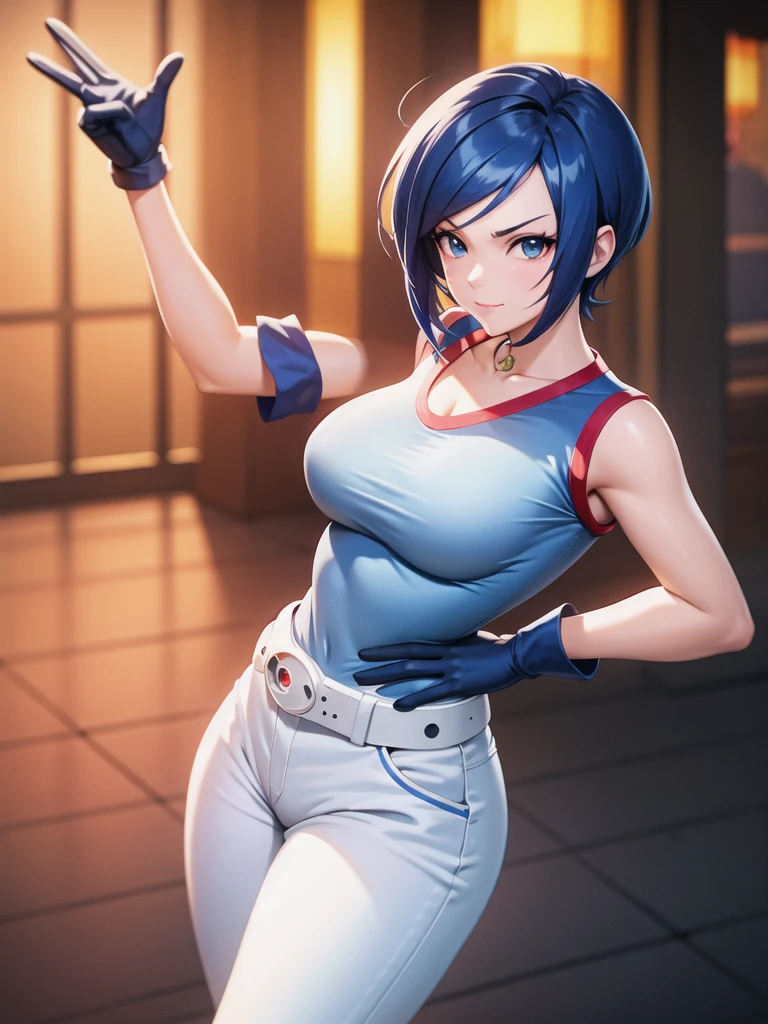 (at night), alone, in a video game scene a background of a beautiful city during the day raining, standing at attention, semi-short blue hair, anime frog face blouse, white flared pants, wears blue exercise gloves, has round glasses on her head, WEARS a RED scarf around her neck, huge belt with big round evilla, ((blue hair)), 1 girl, alone, 20 years old, young woman, perfect hands, beautiful and perfect fingers, long legs beautiful, perfect legs, beautiful body, beautiful nose, beautiful character design, perfect face, look at the viewer with serious gesture and in attack position (focusing on his face), closed mouth, Light_Smile, official art, CG unity wallpaper Extremely detailed 8k, perfect lighting, bright and colorful front lighting, glowing skin (masterpiece: 1.0), (best_quality: 1.0), ultra-high resolution, 4K, ultra-detailed photography, 8K, HDR, high resolution, nonsense: 1.2, Kodak portra 400, film grain, blurred background, bokeh: 1.2, lens flare, (vibrant_color:1.2), professional photography, (beautiful_face: 1.5), (narrow waist),
