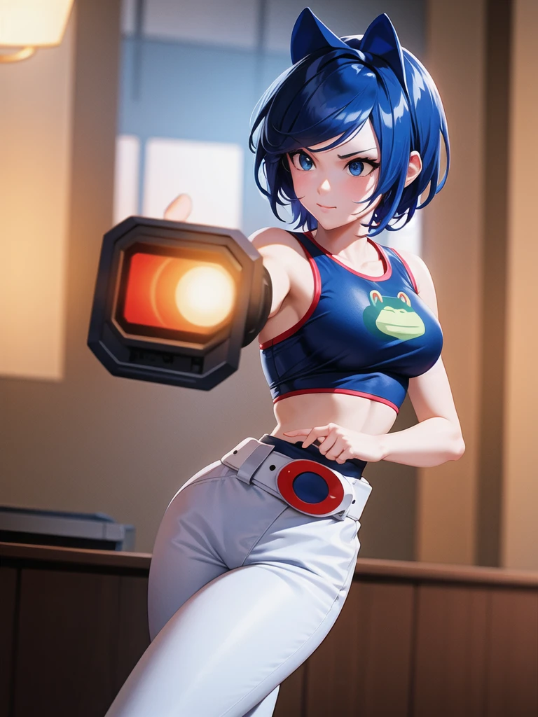 (at night), alone, in a video game scene a background of a beautiful city during the day raining, standing at attention, semi-short blue hair, anime frog face blouse, white flared pants, wears blue exercise gloves, has round glasses on her head, WEARS a RED scarf around her neck, huge belt with big round evilla, ((blue hair)), 1 girl, alone, 20 years old, young woman, perfect hands, beautiful and perfect fingers, long legs beautiful, perfect legs, beautiful body, beautiful nose, beautiful character design, perfect face, look at the viewer with serious gesture and in attack position (focusing on his face), closed mouth, Light_Smile, official art, CG unity wallpaper Extremely detailed 8k, perfect lighting, bright and colorful front lighting, glowing skin (masterpiece: 1.0), (best_quality: 1.0), ultra-high resolution, 4K, ultra-detailed photography, 8K, HDR, high resolution, nonsense: 1.2, Kodak portra 400, film grain, blurred background, bokeh: 1.2, lens flare, (vibrant_color:1.2), professional photography, (beautiful_face: 1.5), (narrow waist),
