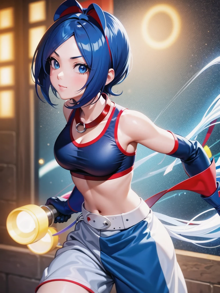 (at night), alone, in a video game scene a background of a beautiful city during the day raining, standing at attention, semi-short blue hair, anime frog face blouse, white flared pants, wears blue exercise gloves, has round glasses on her head, WEARS a RED scarf around her neck, huge belt with big round evilla, ((blue hair)), 1 girl, alone, 20 years old, young woman, perfect hands, beautiful and perfect fingers, long legs beautiful, perfect legs, beautiful body, beautiful nose, beautiful character design, perfect face, look at the viewer with serious gesture and in attack position (focusing on his face), closed mouth, Light_Smile, official art, CG unity wallpaper Extremely detailed 8k, perfect lighting, bright and colorful front lighting, glowing skin (masterpiece: 1.0), (best_quality: 1.0), ultra-high resolution, 4K, ultra-detailed photography, 8K, HDR, high resolution, nonsense: 1.2, Kodak portra 400, film grain, blurred background, bokeh: 1.2, lens flare, (vibrant_color:1.2), professional photography, (beautiful_face: 1.5), (narrow waist),
