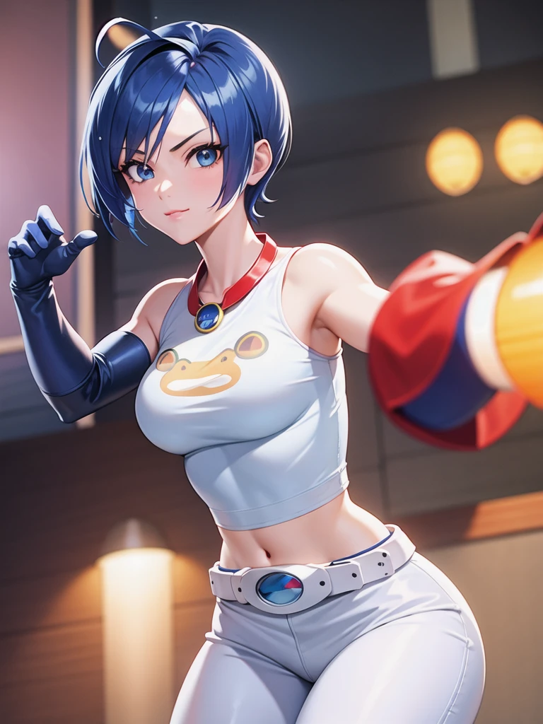 (at night), alone, in a video game scene a background of a beautiful city during the day raining, standing at attention, semi-short blue hair, anime frog face blouse, white flared pants, wears blue exercise gloves, has round glasses on her head, WEARS a RED scarf around her neck, huge belt with big round evilla, ((blue hair)), 1 girl, alone, 20 years old, young woman, perfect hands, beautiful and perfect fingers, long legs beautiful, perfect legs, beautiful body, beautiful nose, beautiful character design, perfect face, look at the viewer with serious gesture and in attack position (focusing on his face), closed mouth, Light_Smile, official art, CG unity wallpaper Extremely detailed 8k, perfect lighting, bright and colorful front lighting, glowing skin (masterpiece: 1.0), (best_quality: 1.0), ultra-high resolution, 4K, ultra-detailed photography, 8K, HDR, high resolution, nonsense: 1.2, Kodak portra 400, film grain, blurred background, bokeh: 1.2, lens flare, (vibrant_color:1.2), professional photography, (beautiful_face: 1.5), (narrow waist),
