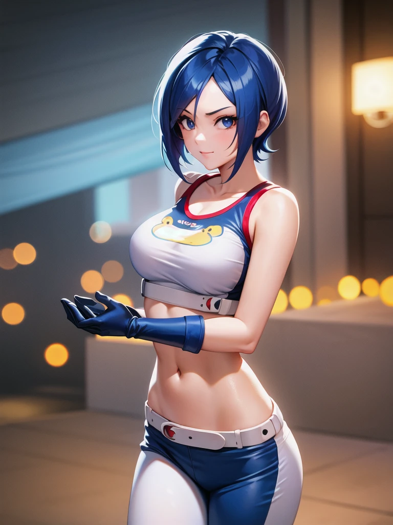 (at night), alone, in a video game scene a background of a beautiful city during the day raining, standing at attention, semi-short blue hair, anime frog face blouse, white flared pants, wears blue exercise gloves, has round glasses on her head, WEARS a RED scarf around her neck, huge belt with big round evilla, ((blue hair)), 1 girl, alone, 20 years old, young woman, perfect hands, beautiful and perfect fingers, long legs beautiful, perfect legs, beautiful body, beautiful nose, beautiful character design, perfect face, look at the viewer with serious gesture and in attack position (focusing on his face), closed mouth, Light_Smile, official art, CG unity wallpaper Extremely detailed 8k, perfect lighting, bright and colorful front lighting, glowing skin (masterpiece: 1.0), (best_quality: 1.0), ultra-high resolution, 4K, ultra-detailed photography, 8K, HDR, high resolution, nonsense: 1.2, Kodak portra 400, film grain, blurred background, bokeh: 1.2, lens flare, (vibrant_color:1.2), professional photography, (beautiful_face: 1.5), (narrow waist),
