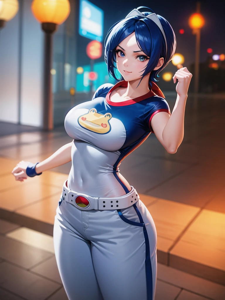 (at night), alone, in a video game scene a background of a beautiful city during the day raining, standing at attention, semi-short blue hair, anime frog face blouse, white flared pants, wears blue exercise gloves, has round glasses on her head, WEARS a RED scarf around her neck, huge belt with big round evilla, ((blue hair)), 1 girl, alone, 20 years old, young woman, perfect hands, beautiful and perfect fingers, long legs beautiful, perfect legs, beautiful body, beautiful nose, beautiful character design, perfect face, look at the viewer with serious gesture and in attack position (focusing on his face), closed mouth, Light_Smile, official art, CG unity wallpaper Extremely detailed 8k, perfect lighting, bright and colorful front lighting, glowing skin (masterpiece: 1.0), (best_quality: 1.0), ultra-high resolution, 4K, ultra-detailed photography, 8K, HDR, high resolution, nonsense: 1.2, Kodak portra 400, film grain, blurred background, bokeh: 1.2, lens flare, (vibrant_color:1.2), professional photography, (beautiful_face: 1.5), (narrow waist),
