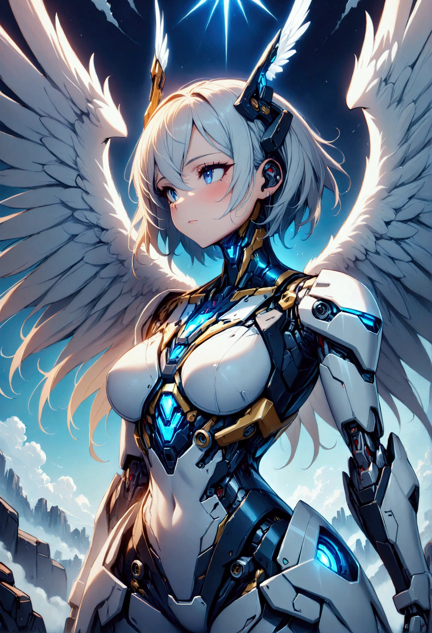 1 Mädchen, cyborg angel, teilweise mechanisiert, Die Hälfte des Gesichts ist mechanisiert, Engelsflügel auch mechanisiert, (Meisterwerk:1.2), 