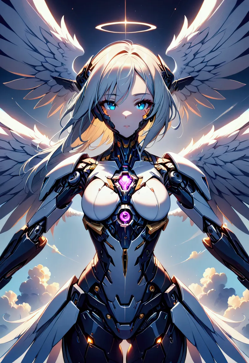 1 girl, cyborg angel, partly mechanised, half of the face is mechanized, angel wings also mechanized, (masterpiece:1.2),