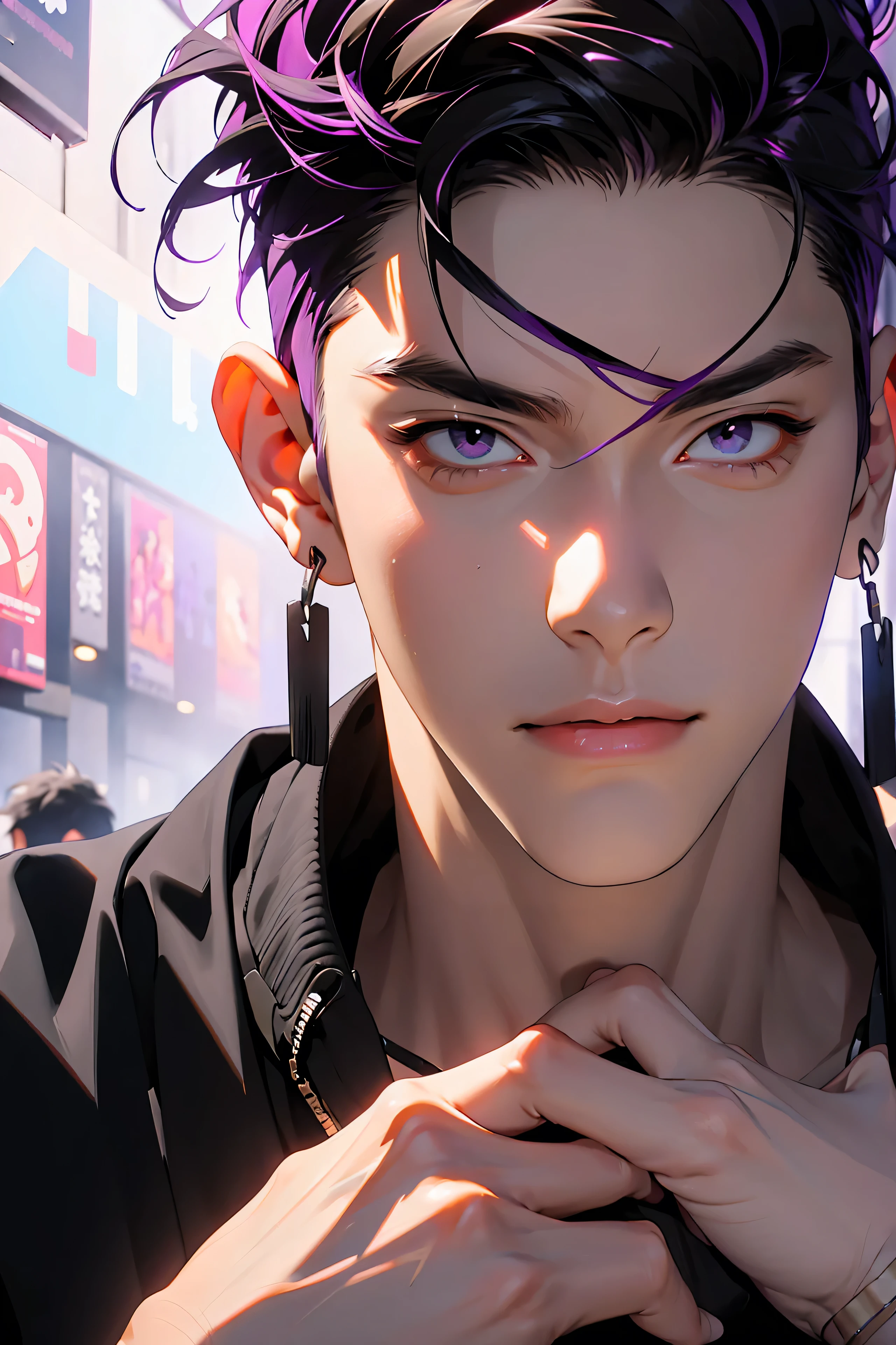 highest quality, 8K, high resolution image, anime style Jujutsu Kaisen, (Iori_suiseki), detailed strokes, bored look , blurred, purple light reflecting from it, 1 man, young, male, model, hand in pocket, cool guy, multicolored Background with various geometric shapes, around stickers, muscular,Black hair, purple eyes, multicolored hair, purple hair, hair between eyes, highlighted hair ,swollen chest,  black Jacket, sweatpants, Background: big City, he's in a sports station, there are sports fans everywhere,