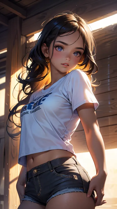 a beautiful 12 year old girl,sun-kissed skin,cropped t-shirt,short shorts,striking a cool pose,hyper realistic,8k,ultra-detailed...