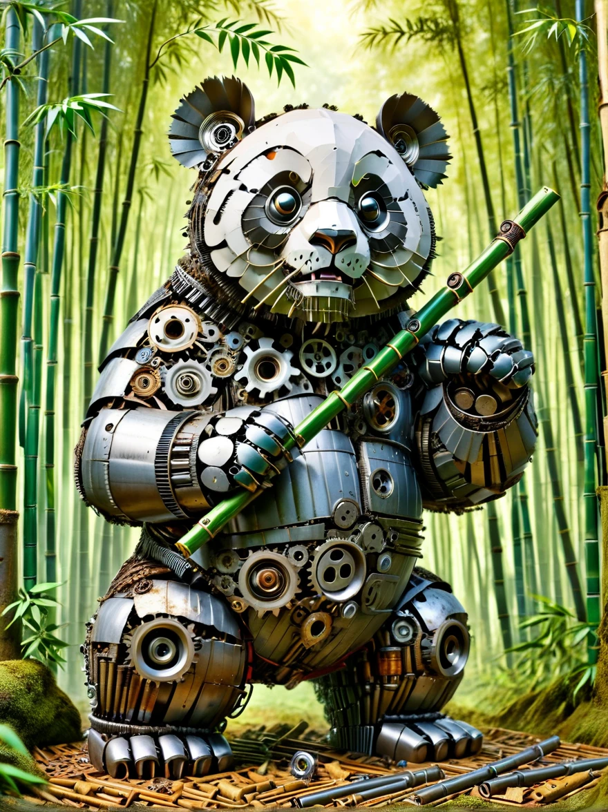 ais-scrapyrd panda, Standing in a bamboo forest，Eating mechanical bamboo