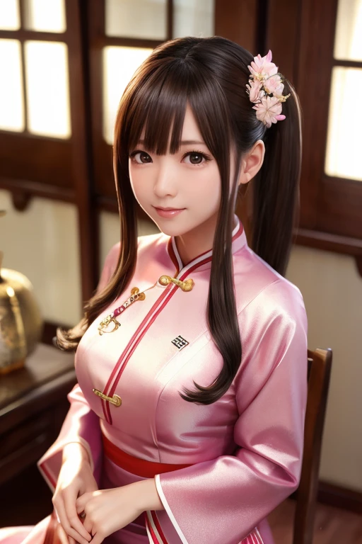 ultra detailed realistic human skin, 
ichigo 100%,Mizuki Kawashita style,
(japanese adorable pretty girl:1.2), twintails and shiny charming eyes, (sexy cheongsam clothes), looking at viewer, 
perfect sized and perfect shaped chests, 
slightly smile,cinematic lighting, 