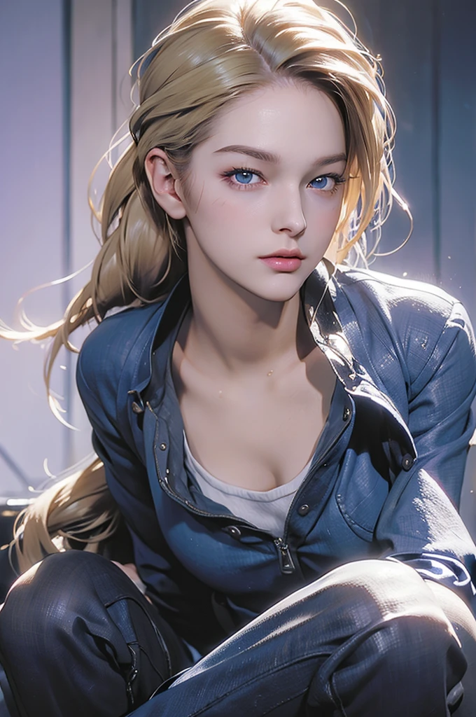 A masterpiece of a very beautiful girl, Sexy blonde, Long Hair, ponytail, blue eyes, Expressive eyes, Detailed skin, realistic skin texture, texture, Detailed eyes, Beautiful woman, lilac, lilacレースパンティー,Jill Valentine