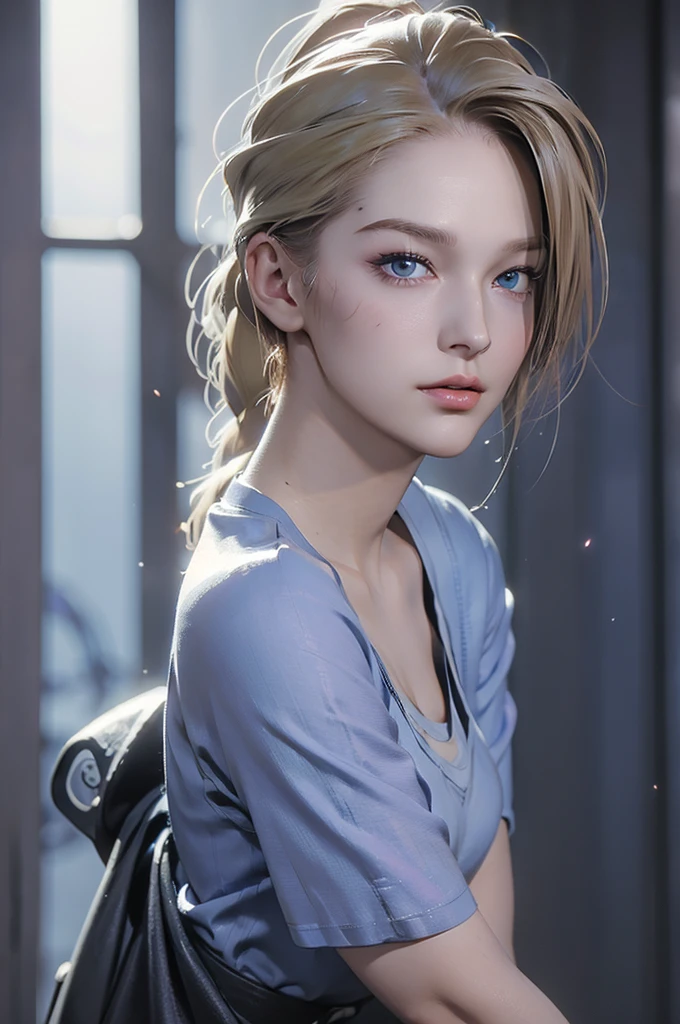 A masterpiece of a very beautiful girl, Sexy blonde, Long Hair, ponytail, blue eyes, Expressive eyes, Detailed skin, realistic skin texture, texture, Detailed eyes, Beautiful woman, lilac, lilacレースパンティー,Jill Valentine