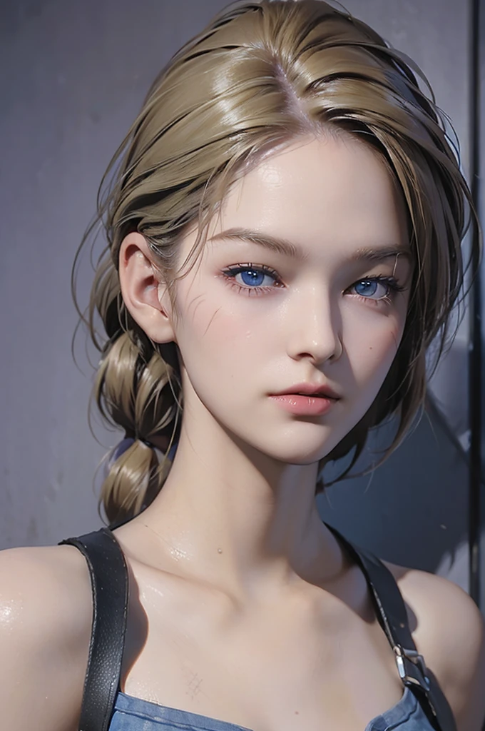 A masterpiece of a very beautiful girl, Sexy blonde, Long Hair, ponytail, blue eyes, Expressive eyes, Detailed skin, realistic skin texture, texture, Detailed eyes, Beautiful woman, lilac, lilacレースパンティー,Jill Valentine