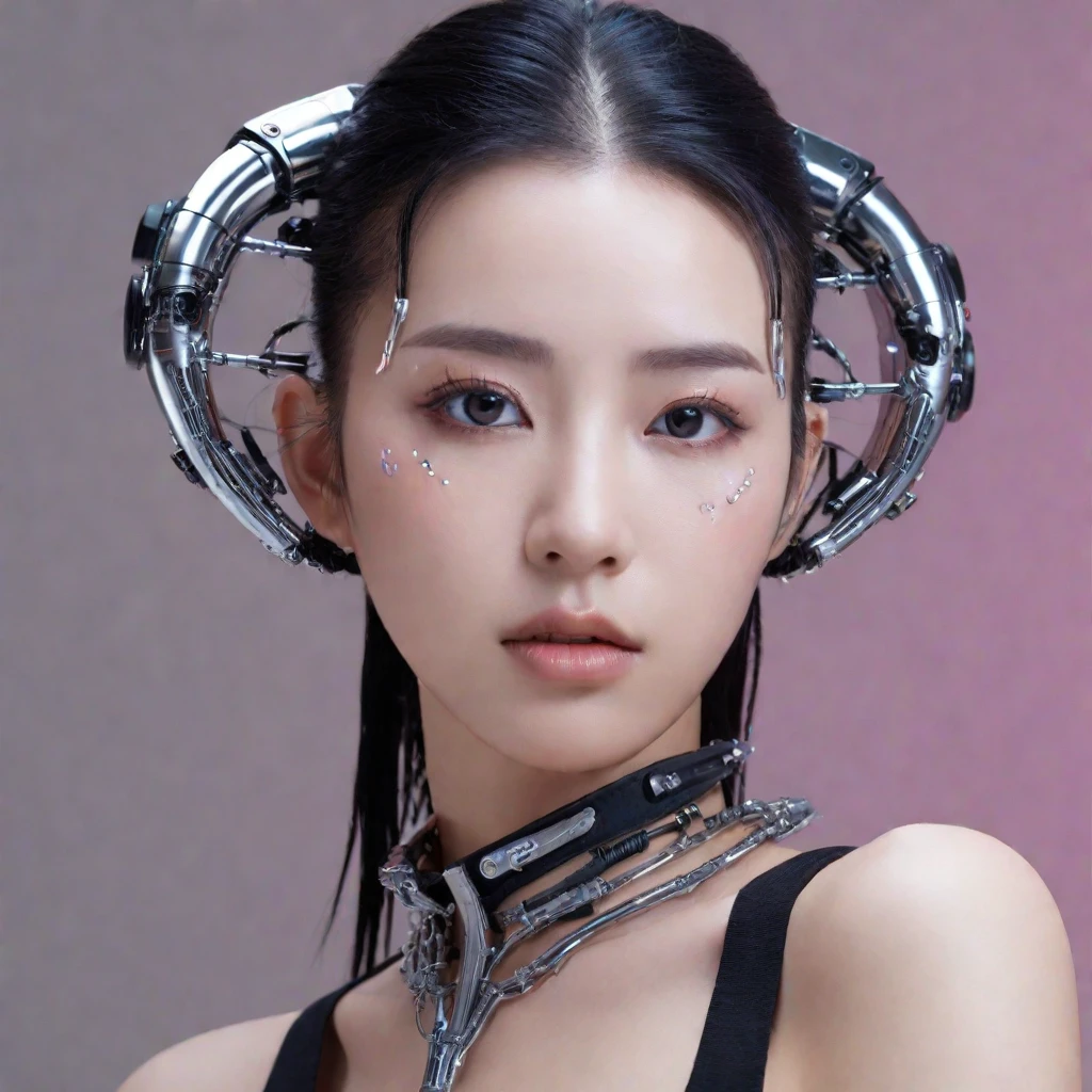 A stunning 4K photo-realistic image of a cyberpunk demi-human girl with an Asian face. Her visage is adorned with intricate machine implants, including a sleek silver visor that covers her eyes, revealing only a small slit for vision. These implants enable advanced sensory input and communication with her cybernetic systems.

Her skin is pale, with visible scars that tell a story of her past battles and a faint line where her flesh meets the cold metal of her implants. The seams are barely noticeable, indicating skilled integration between her organic and mechanical components.

Her hair is black, spiked up in an aggressive yet stylish manner. Small LED lights are integrated into the strands, flickering with various colors to match her mood. The hair is a statement piece, reflecting her rebellious spirit. The overall atmosphere of the image is captivating, photo, her body is embedded with mechanical implants under the skin, cyborg arms,  cyberware lines embedded in her face, , (Photorealsitic)、(intricate detailes:1.2)、(​masterpiece、:1.3)、beauty face, (top-quality:1.4)、(超A high resolution:1.2)、超A high resolution、(A detailed eye)、(detailed facial features), ((Realistic lighting、top-quality、8K、natural light, ​masterpiece:1.3))、bright photo, Clear focus:1.2、1girl in、flawless beauty:1.4、Superfine Face、big Narrow-eyed、double eyelid、photos realistic, perfect eyes, perfect skin, detailed skin, detailed face, looking viewer, front view, potrait, raw photo, simple soft pink background, (intricate detailed skin textured:1.4) front view, looking viewer, clear face, 1 girl、porate、Bright and very beautiful face、beautiful girl, A stunning close-up portrait showcasing the beauty of a Korean model. The composition features soft, natural lighting , bright eyes, and striking cheekbones.