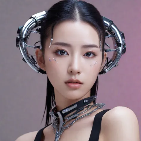 a stunning 4k photo-realistic image of a cyberpunk demi-human girl with an asian face. her visage is adorned with intricate mach...