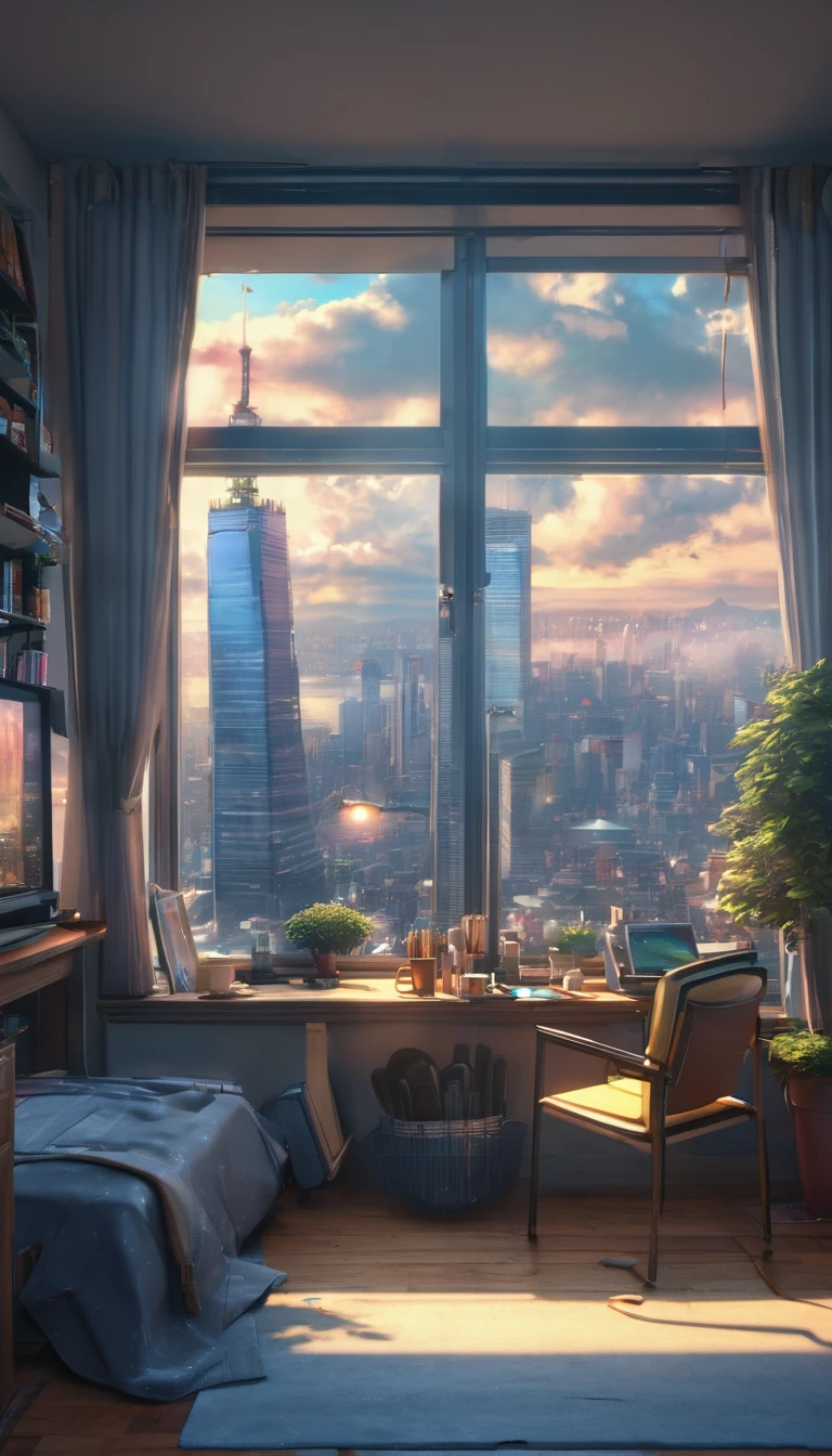 (masterpiece:1.2), best quality,PIXIV,cozy animation scenes,
scenery, cityscape, city, skyscraper, building, window, cloud, sky, food, indoors, computer, book, bed, table, clock, pillow, no humans, chair, cake, monitor, cup, plate, skyline, lying, HD, HDR, 8K