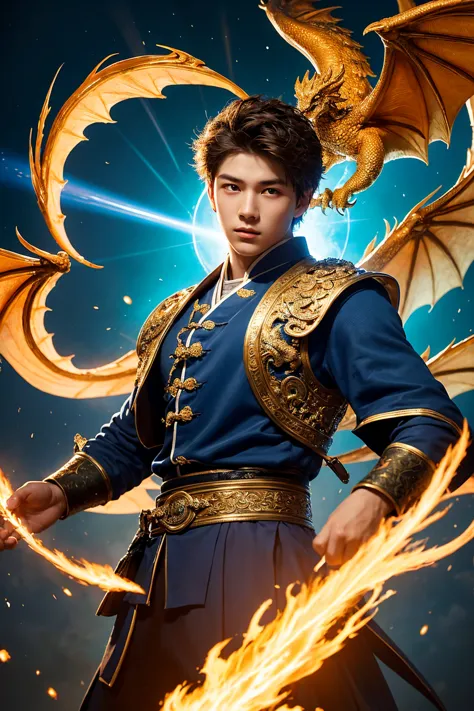 it is an elaborate and intricate fantasy portrait that depicts a robust and determined seventeen-year-old man with an aura, a hu...