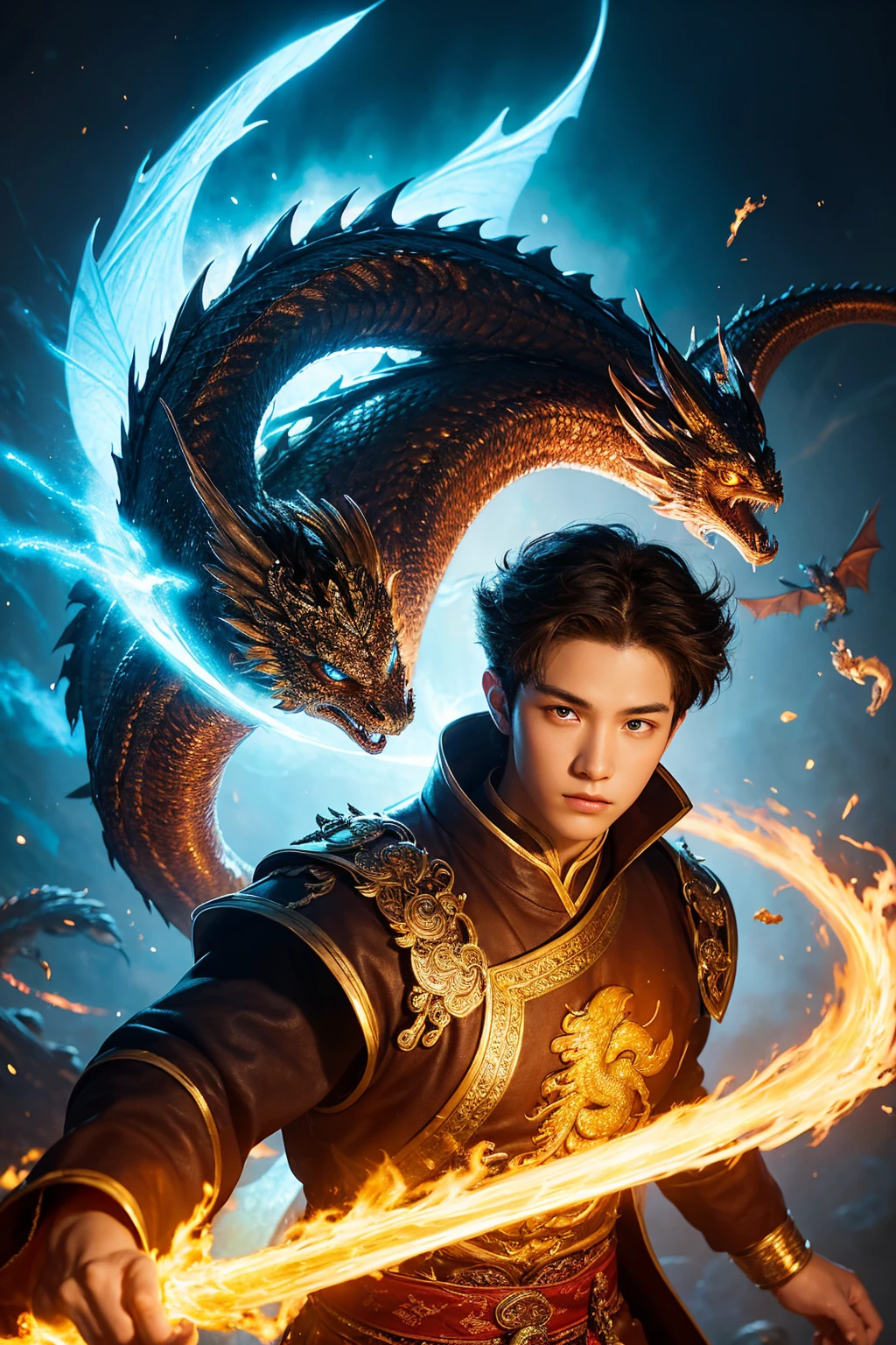 It is an elaborate and intricate fantasy portrait that depicts a robust and determined seventeen-year-old man with an aura, a huge bright blue light behind him, Bright brown hair, dragons and phoenix flying, golden light, Chinese martial arts style.