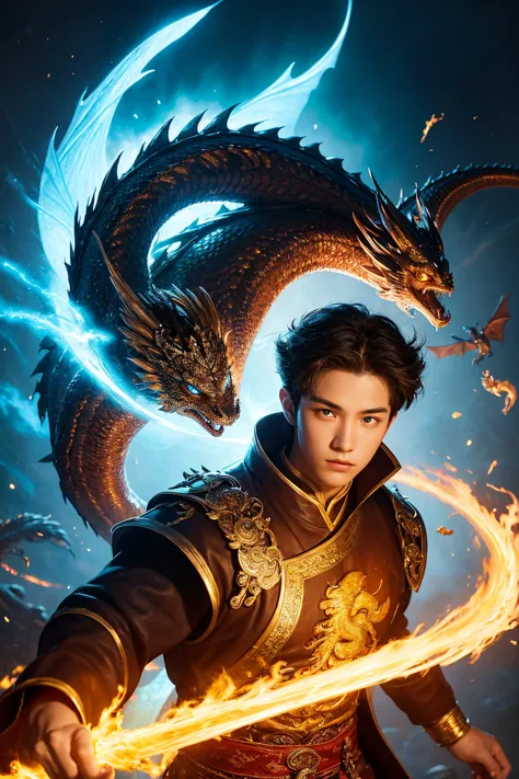 It is an elaborate and intricate fantasy portrait that depicts a robust and determined seventeen-year-old man with an aura, a hu...