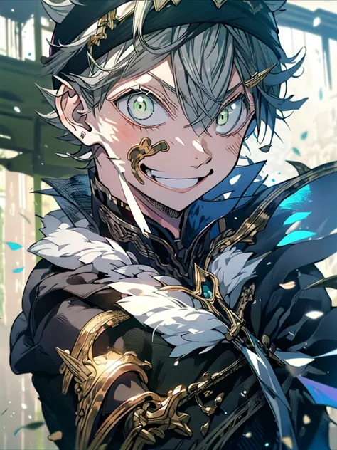 1boy, asta, gray hair, green eyes, short hair, black hair band, black clothes, smiling, focus on the face, upper body