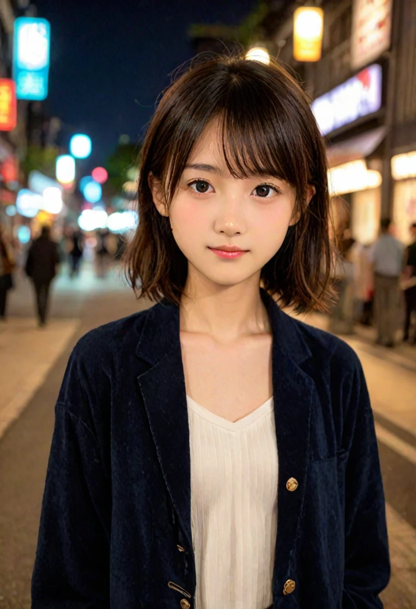 score_9, score_8_up, score_7_up, 1girl, japanese girl, cute, kawaii, beautiful face, perfect face, perfect body, light smile, shy, girl wearing formal wear, jacket, detailed eyes, shiny skin, waking, looking at viewer, small breasts, skinny, from behind, depth of field, simple background, tokyo street, outdoors, night, night sky, jpn-girl, extremely detailed, professional lighting