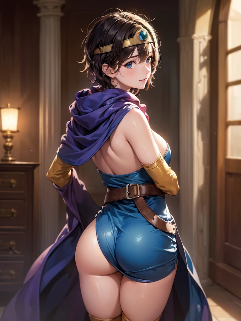 ((Masterpiece:1.4)), (high resolution:1.4), (standing), (from behind:1.5), 1girl:1.5, solo, outside, roto (dq3), 1girl, solo, short hair, brown hair, blue eyes, circlet, large breasts, cleavage, strapless, blue dress, purple cape, thighhighs, elbow gloves, boots, belt, scabbard, knee boots, beautifull smile, beautiful face, highly detailed face, higly detailed eyes, highly detailed skin, skin pores, realistic pupils, full face blush, full lips, (perfect anatomy:1.1), (perfect proportions:1.1), (photography:1.1), (photorealistic:1.1), volumetric lighting, dynamic lighting, real shadows, (highres:1.1), sharp focus, daylight, (realistic, hyperrealistic:1.4), intricate, high detail, dramatic, subsurface scattering, big depth of field, vivid, polished, sharpened, ((full Sharp)), (extremely absurdres),16k hdr,