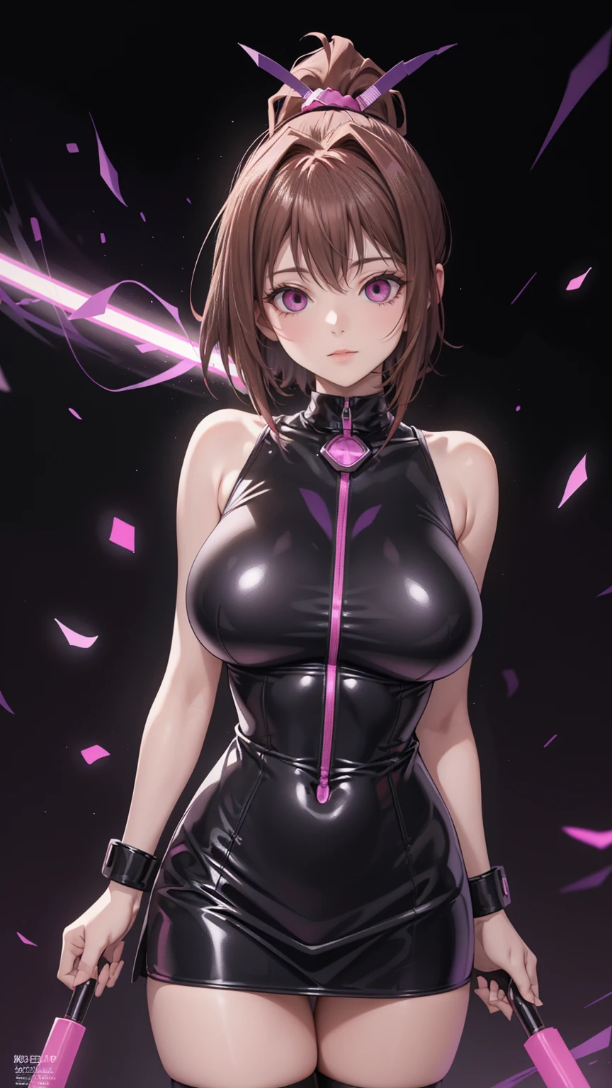 1 girl,Browsing Caution,  Kyoko Masaki,(Yu-Gi-Oh),Unsdef,Short hair, brown hair, headdress, high ponytail, ponytail,huge breasts, clavicle, Glowing purple eyes,absurd, Brainwashing,empty eyes, ((expressionless,emotional deletion)), (Black latex tight miniskirt),avert one&#39;s eyes , full body portrait,((squat,open your legs, Put your arms behind your head.)),((pussy노출)), (pussy) (best quality、4K、8k、high resolution、There must be:1.2)、very detailed、(reality、reality的なです、reality的な:1.37)、ticker、hyper hd、studio lighting、ultra high definition paint、sharp focus、Physically Based Rendering、extreme detail、professional specifications、Vibrancy and color、haziness、sports portrait、sight、horror style、animation big 、sf、picture、concept artist、five fingers, perfect body,  {{{masterpiece}}}, {{{best quality}}}, {{very detailed}}, {shape}, {{Very delicate and beautiful}},Improved performance/cost ratio、all roles、Canon 5D MK4でpicture、picture, 