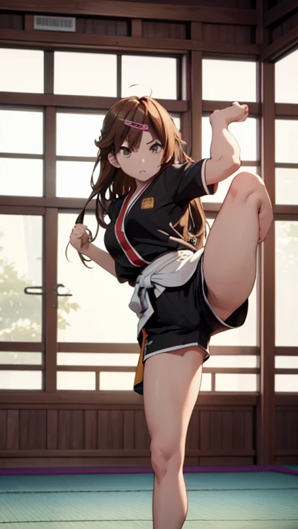 1girl, shinka_nibutani, brown hair, long hair, brown eyes, hair ornament, hairclip, angry stare, wearing karate uniform with short sleeves, shorts, standing on one leg, straight legs, high kick, split kick, soles facing viewer, barefoot, accurate foot, accurate hands, barehands, fighting stance, martial arts, in a dojo, facing viewer, perfect proportions, full-body shot, (best quality,8K,high resolution,ultra-detailed,masterpiece)