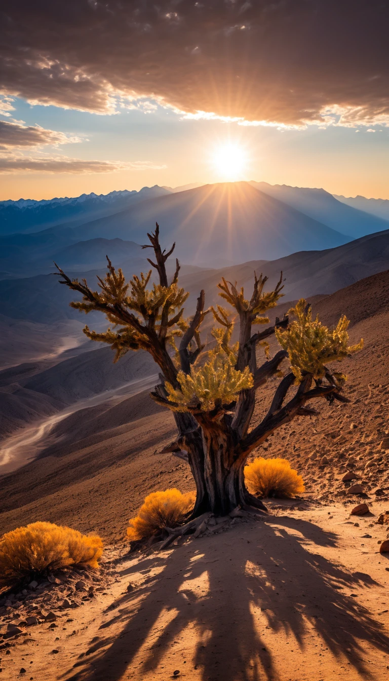 super masterpiece　Highest quality　high resolution　Overall view　desert　Rocky Mountain　Chile　Dead Tree　enemy　multiple　sun　Light　　