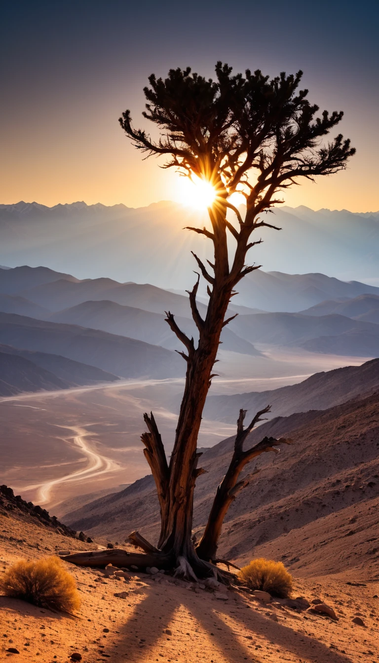 super masterpiece　Highest quality　high resolution　Overall view　desert　Rocky Mountain　Chile　Dead Tree　enemy　multiple　sun　Light　　