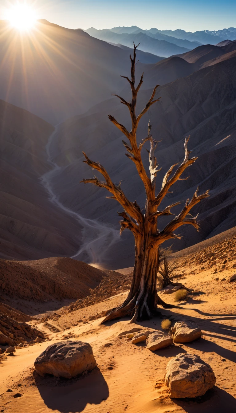 super masterpiece　Highest quality　high resolution　Overall view　desert　Rocky Mountain　Chile　Dead Tree　enemy　multiple　sun　Light　　